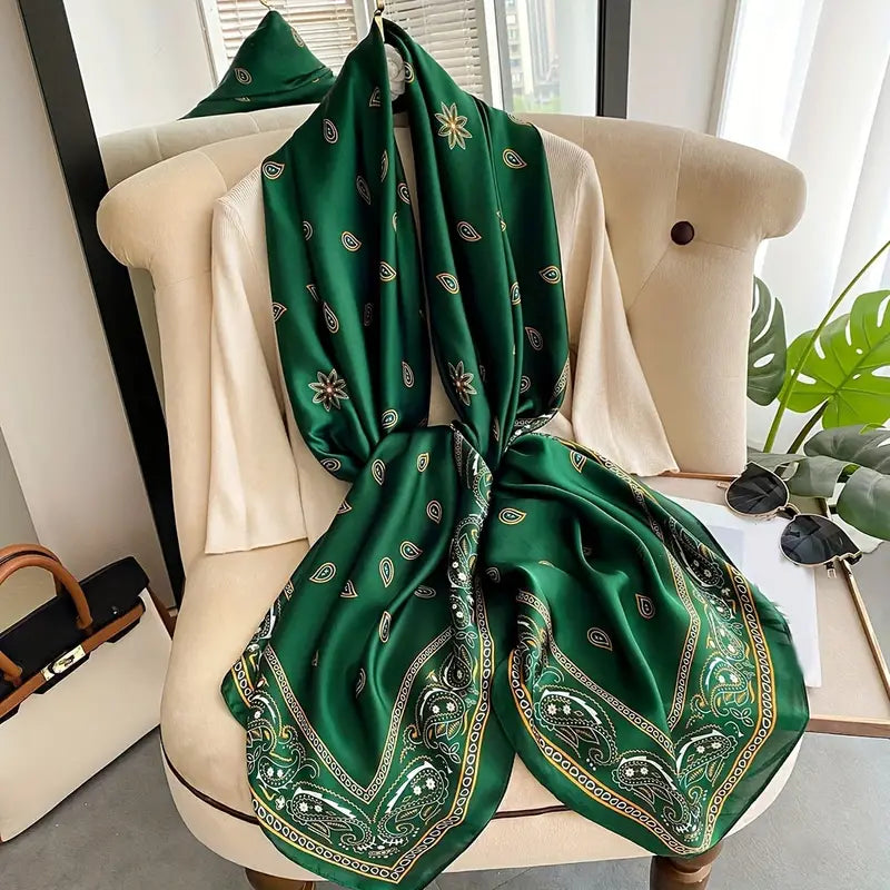 Paisley Printed Chiffon Scarf, Smooth Satin Shawl, Green in - Scarves by Malbusaat