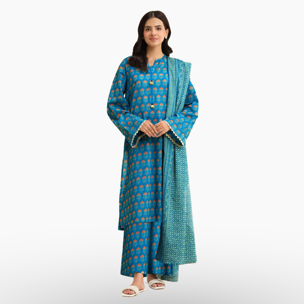 Teal Blue Digital Printed Khaddar 3 Piece Suit
