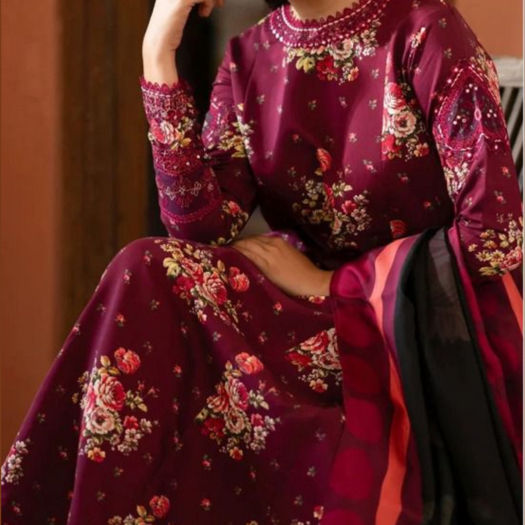 Burgundy Floral Digital Printed Khaddar 3 Piece Suit