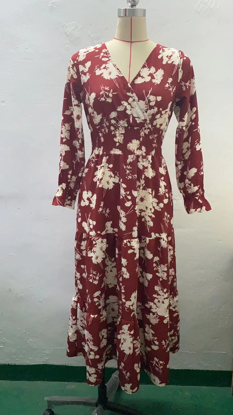 Floral V-Neck Long Sleeve Smocked Tiered Maxi in - by Malbusaat