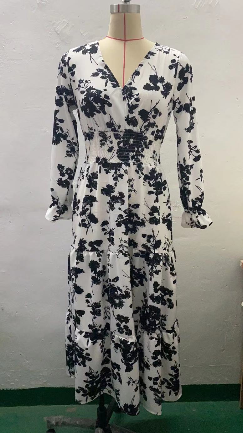 Floral V-Neck Long Sleeve Smocked Tiered Maxi in - by Malbusaat