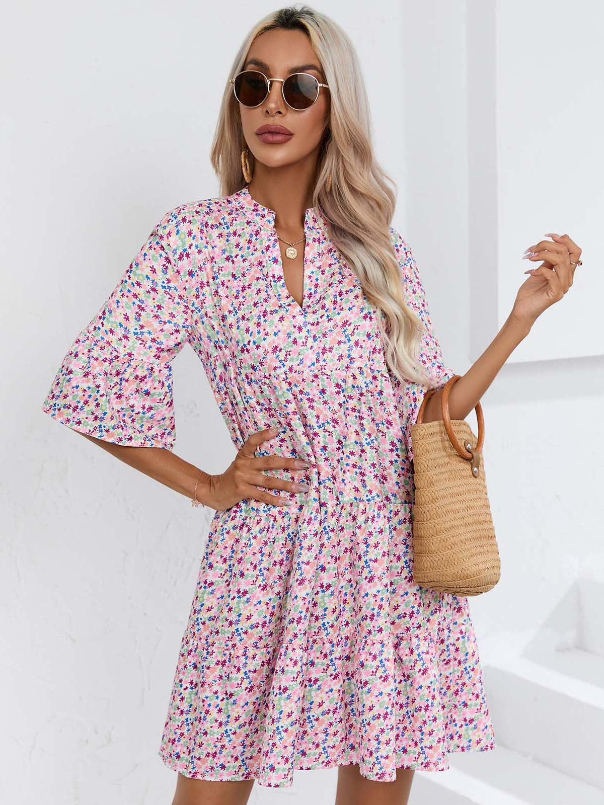 Floral V-Neck Short Summer Dress in - by Malbusaat