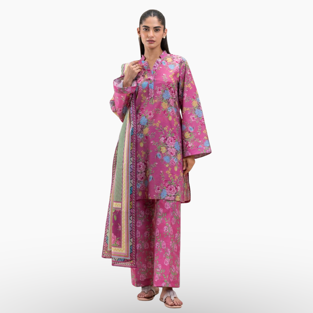 Pink Floral Digital Printed Khaddar 3 Piece Suit