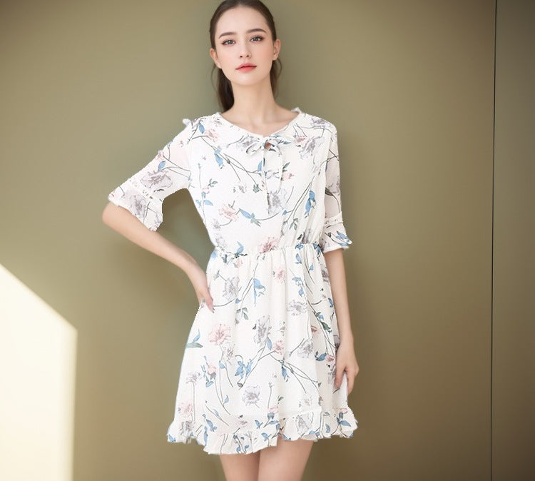 Floral Chiffon Dress in White - by Malbusaat