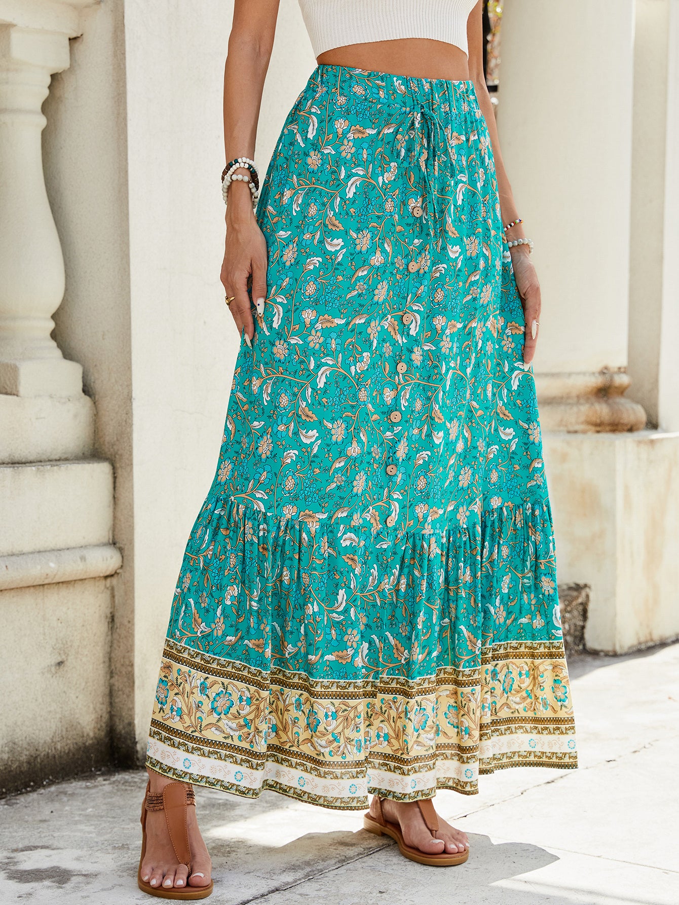 High-Waisted Floral Button Split Skirt in - Skirts by Malbusaat