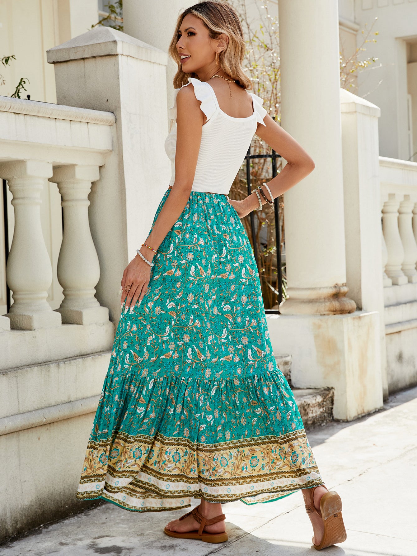 High-Waisted Floral Button Split Skirt in - Skirts by Malbusaat
