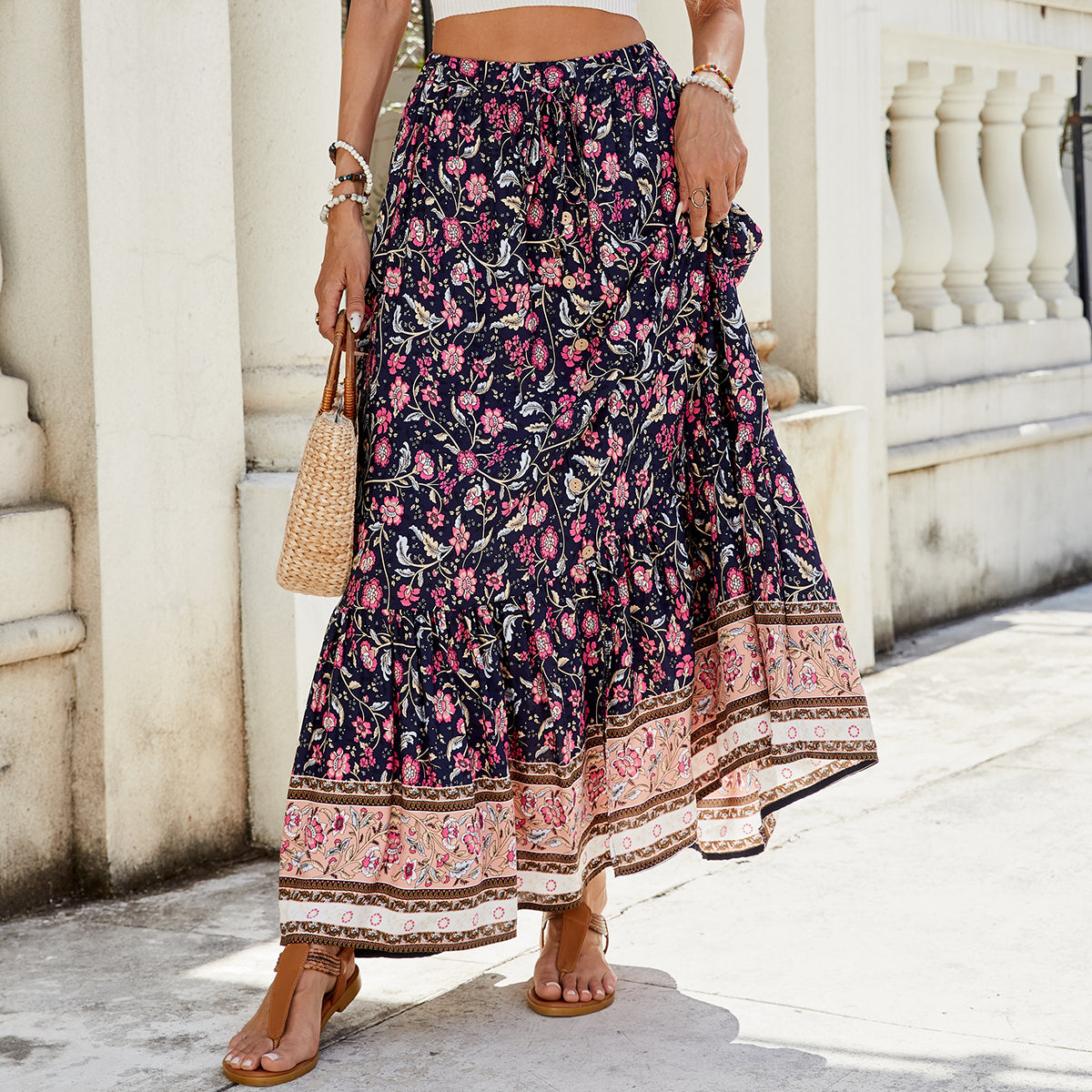 High-Waisted Floral Button Split Skirt in Navy Blue - Skirts by Malbusaat