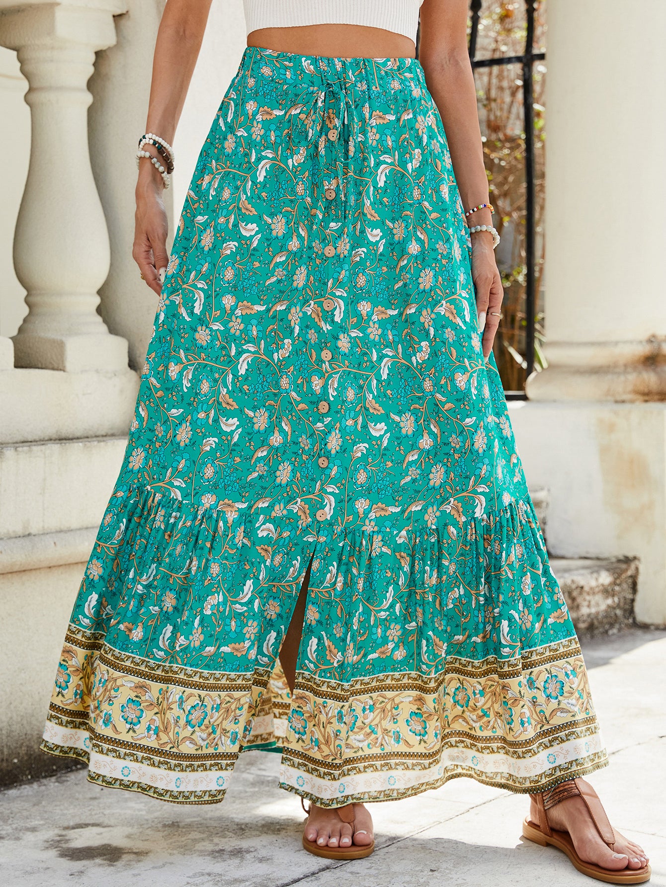 High-Waisted Floral Button Split Skirt in Green - Skirts by Malbusaat