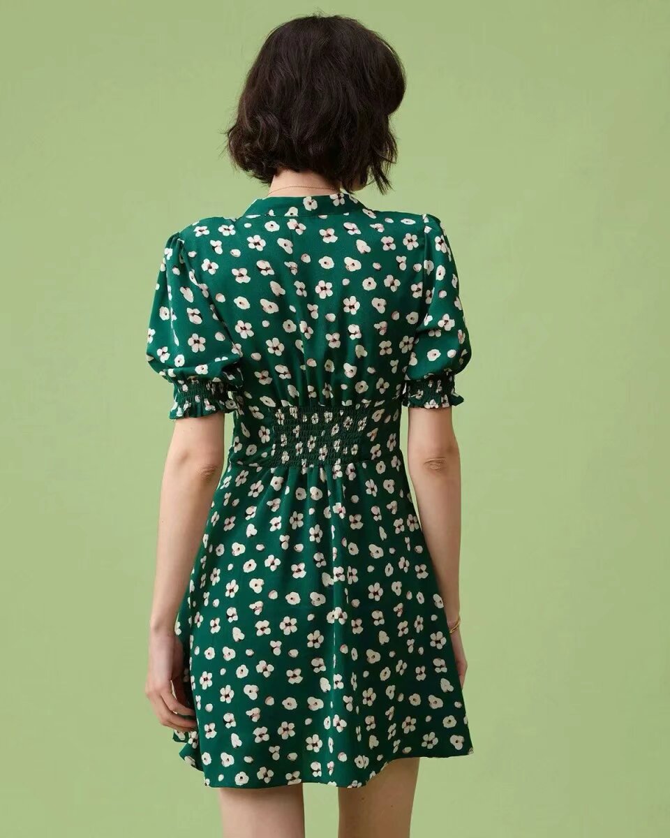 Floral V-Neck Waist Trimming Short Dress in - by Malbusaat