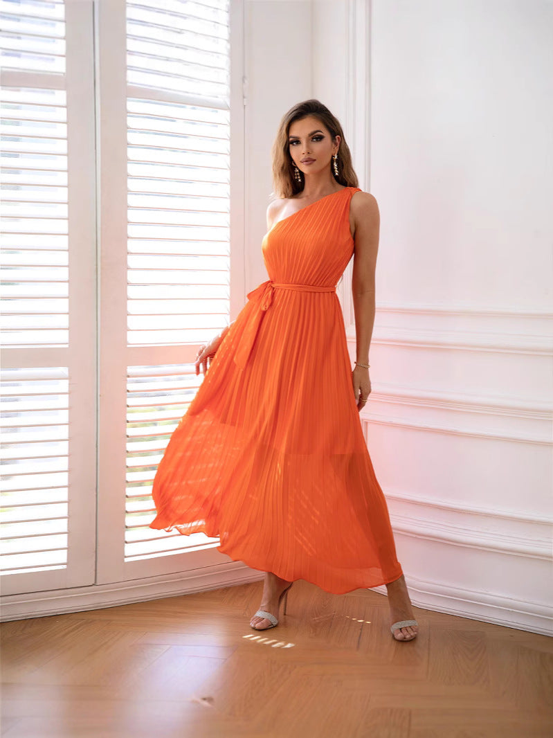 Elegant One-Shoulder Pleated Waist Maxi in Coral - Maxi Dress, Dresses by Malbusaat
