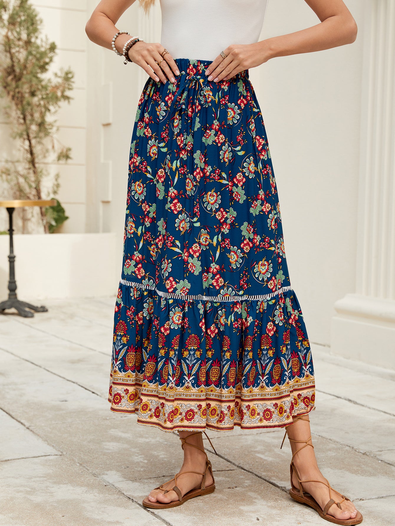 Floral Print High-Rise A-Line Midi Skirt