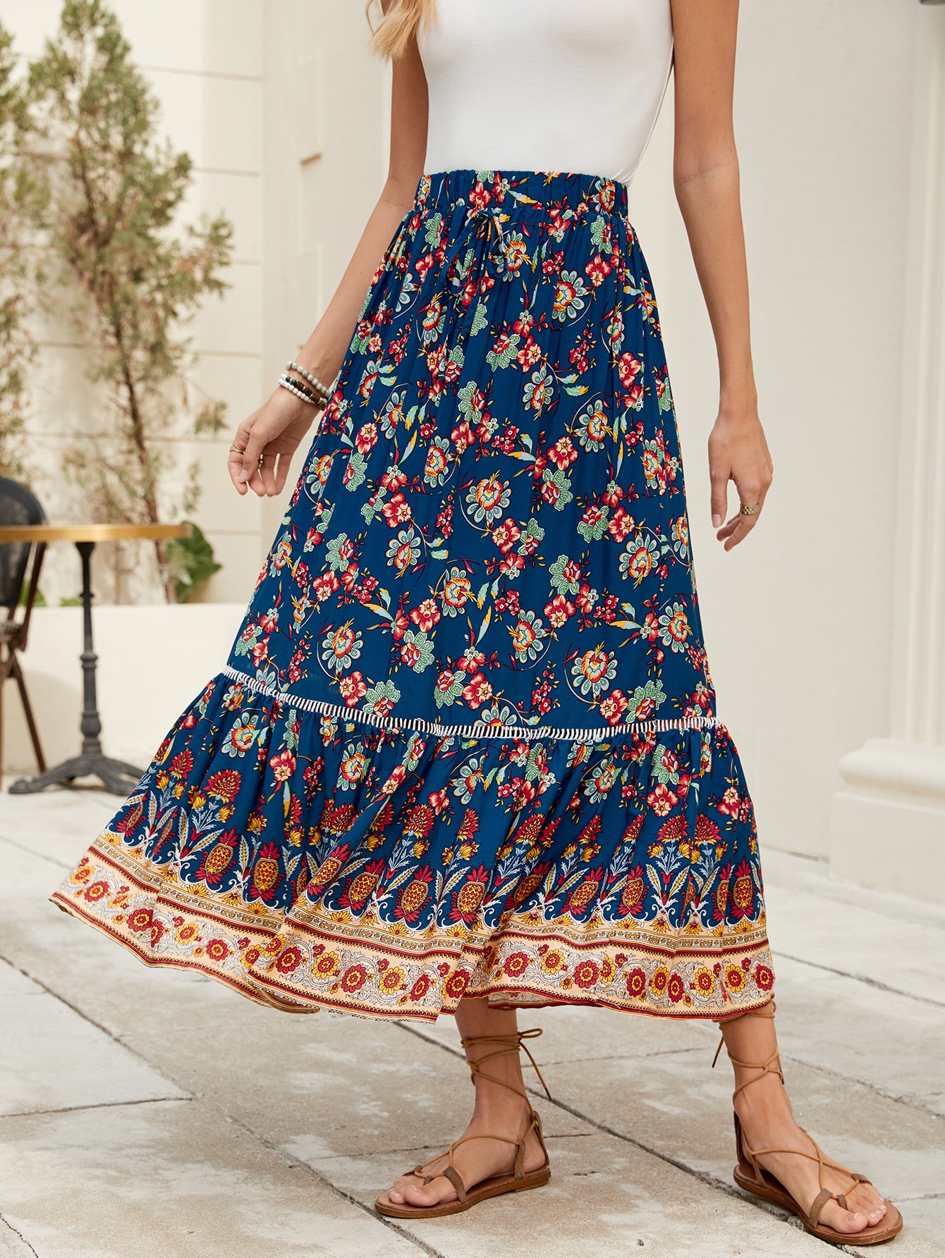 Floral Print High-Rise A-Line Midi Skirt in - by Malbusaat