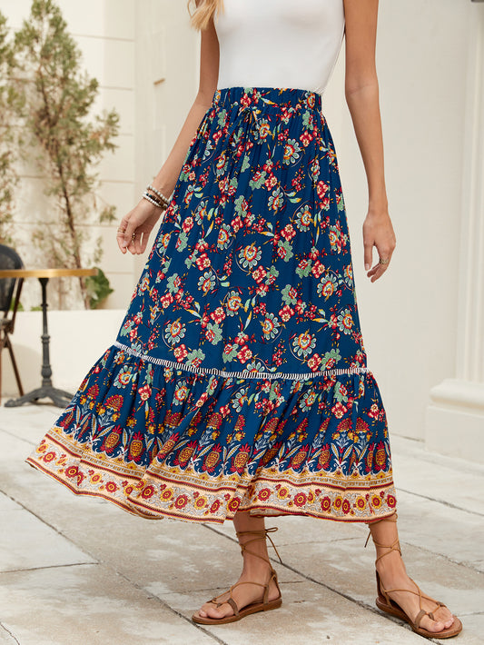 Floral Print High-Rise A-Line Midi Skirt in - by Malbusaat