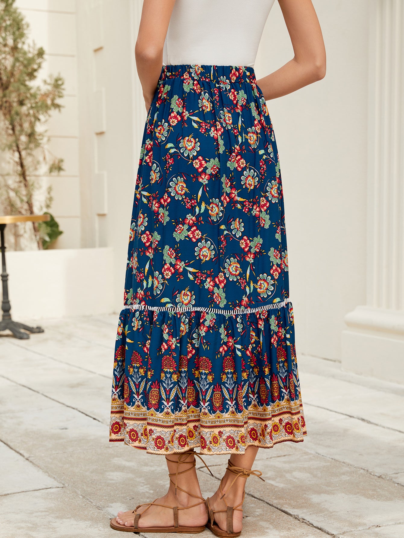 Floral Print High-Rise A-Line Midi Skirt