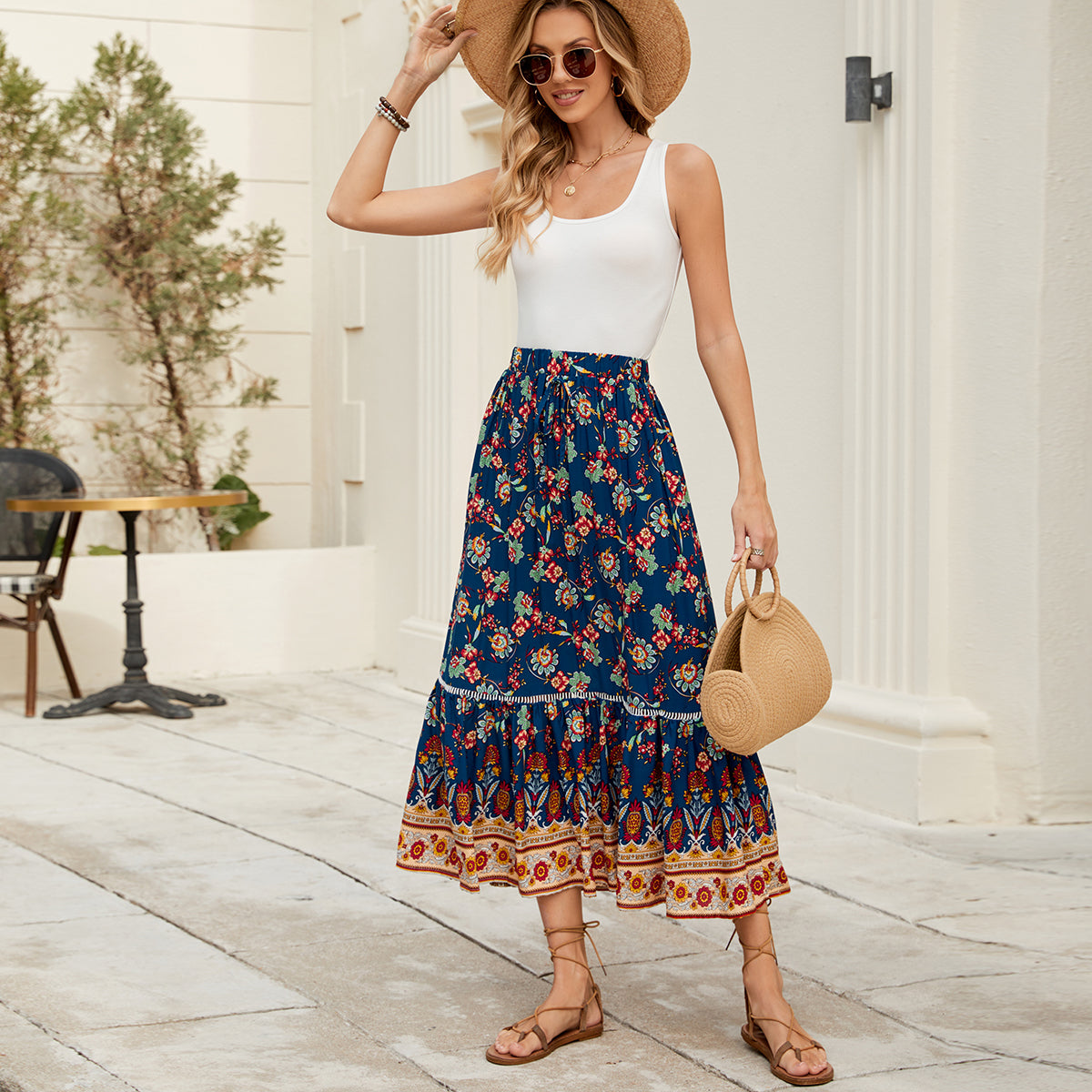 Floral Print High-Rise A-Line Midi Skirt