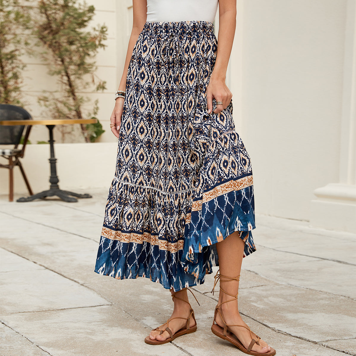 Boho Print High-Rise A-Line Midi Skirt in - by Malbusaat