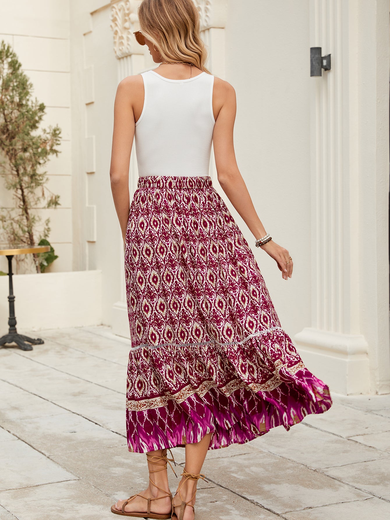 Boho Print High-Rise A-Line Midi Skirt in - by Malbusaat