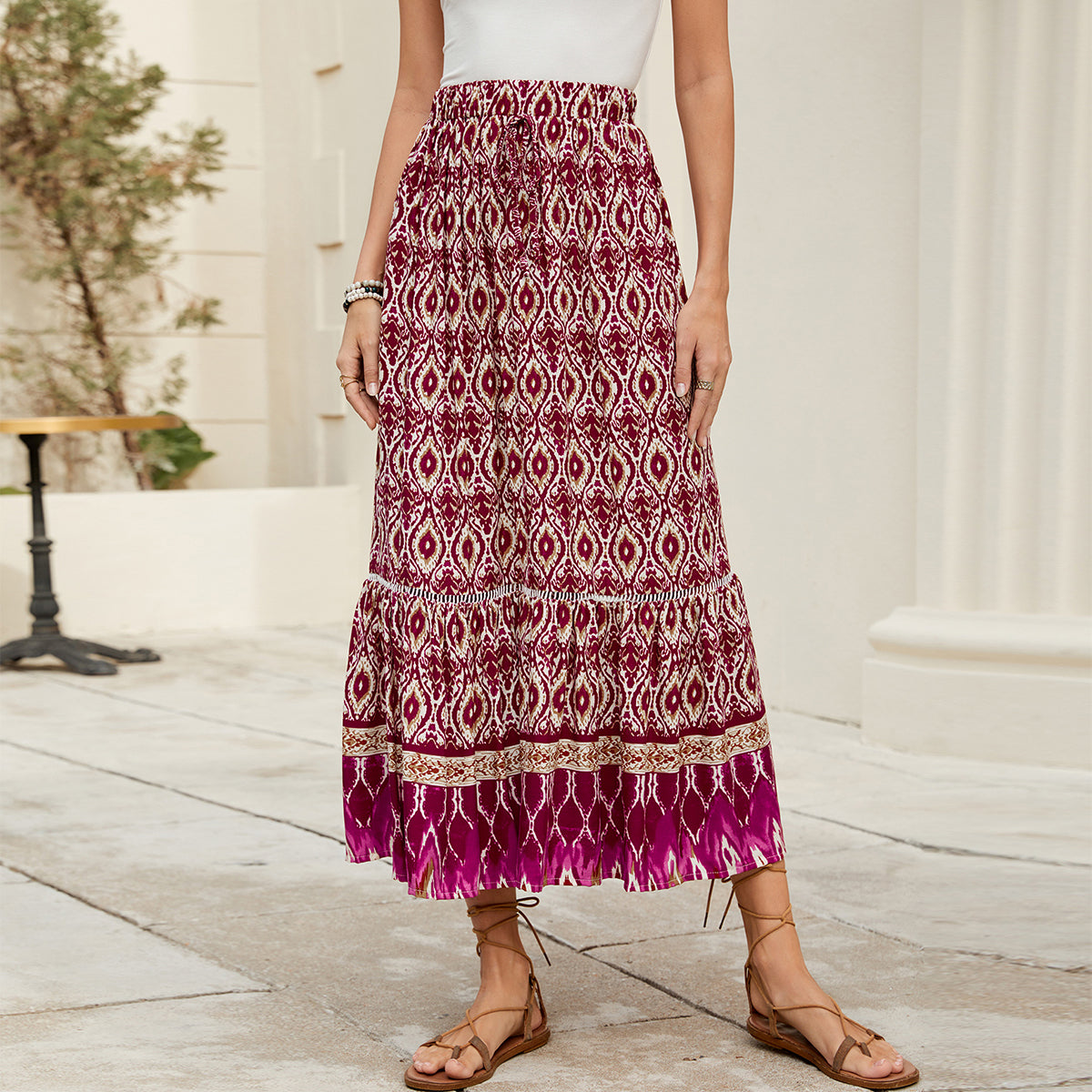 Boho Print High-Rise A-Line Midi Skirt in - by Malbusaat