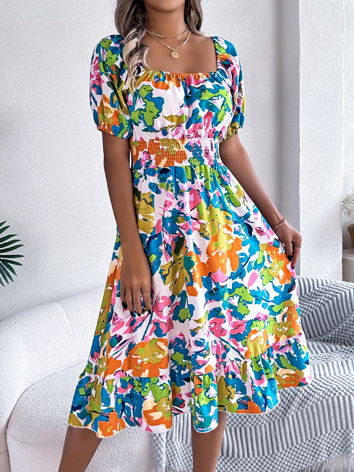 Floral Square Neck Smocked Ruffle Midi A-Line Dress in - by Malbusaat