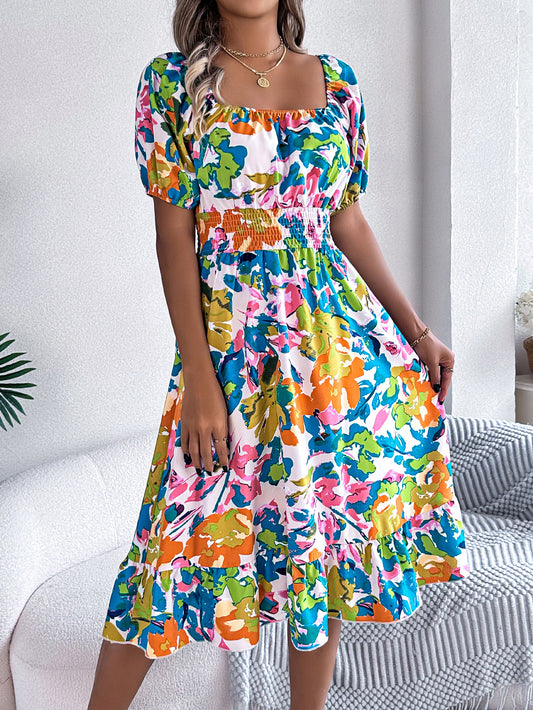 Floral Square Neck Smocked Ruffle Midi A-Line Dress in - by Malbusaat
