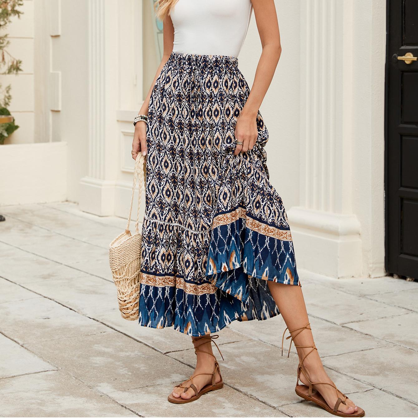 Elegant Boho Printed High-Rise Maxi Swing Skirt