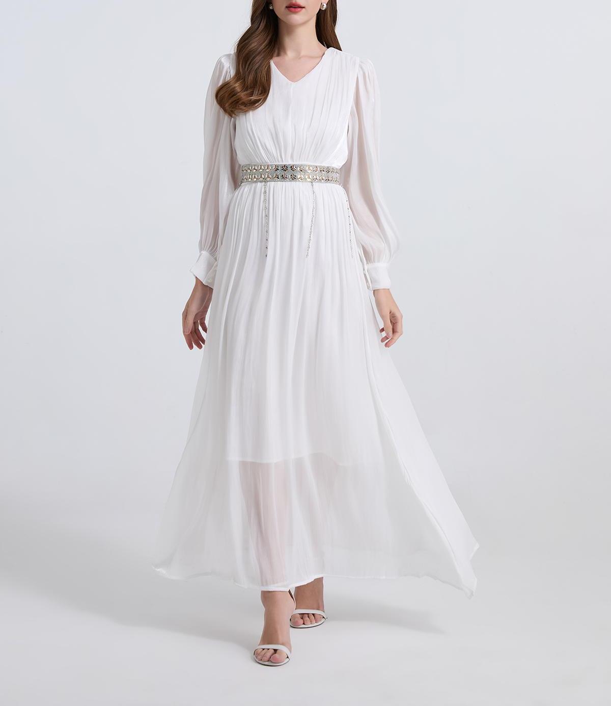 Elegant Long Sleeve Diamond Belt Pleated Waist Dress in - by Malbusaat