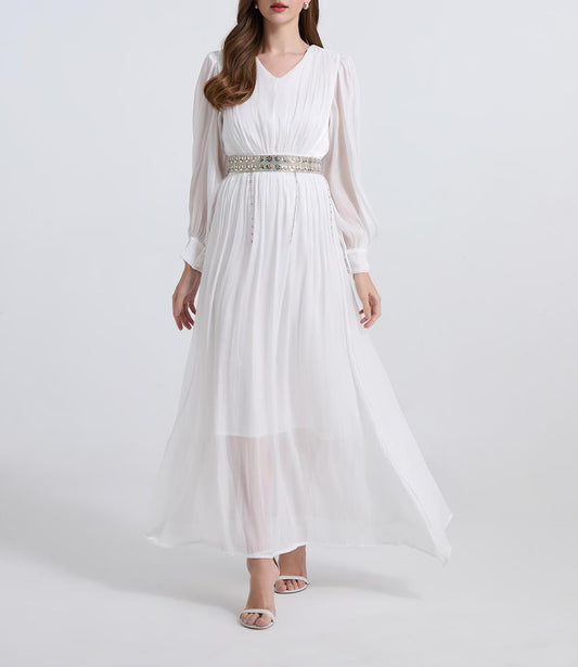 Elegant Long Sleeve Diamond Belt Pleated Waist Dress in - by Malbusaat