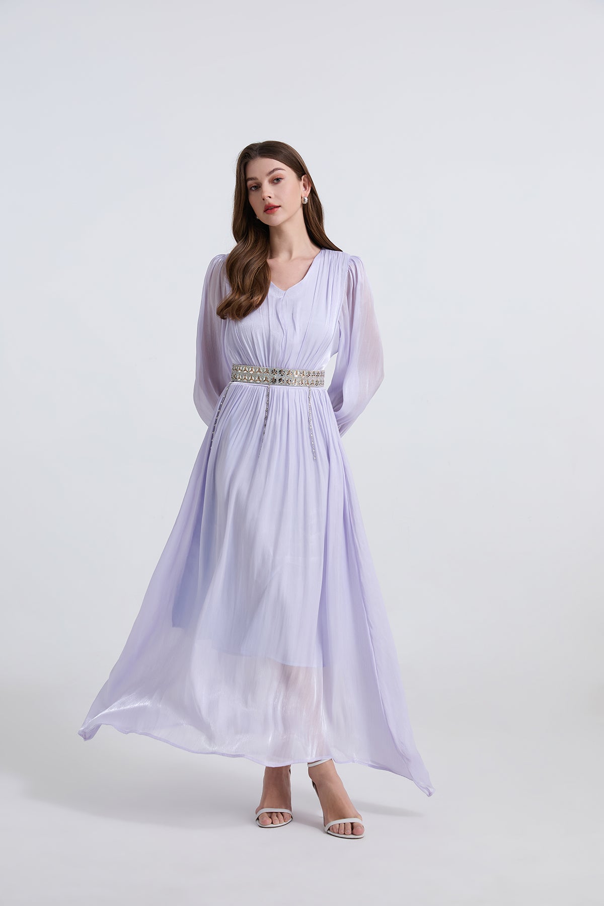 Elegant Long Sleeve Diamond Belt Pleated Waist Dress