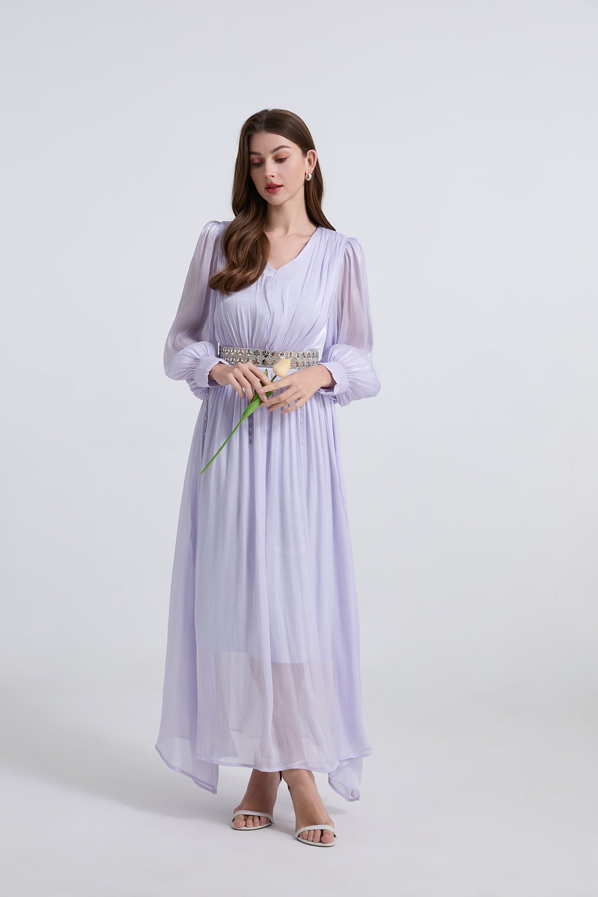 Elegant Long Sleeve Diamond Belt Pleated Waist Dress