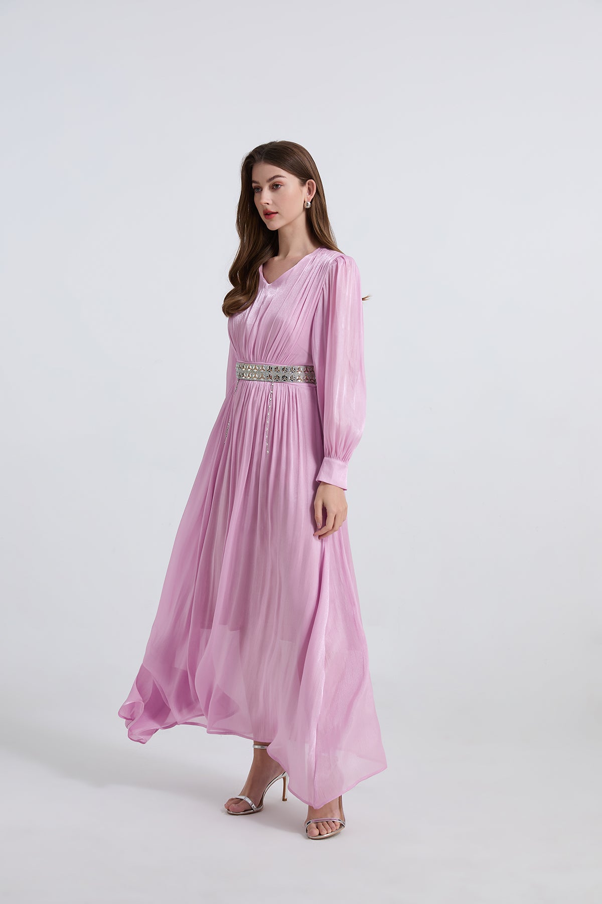 Elegant Long Sleeve Diamond Belt Pleated Waist Dress in - by Malbusaat