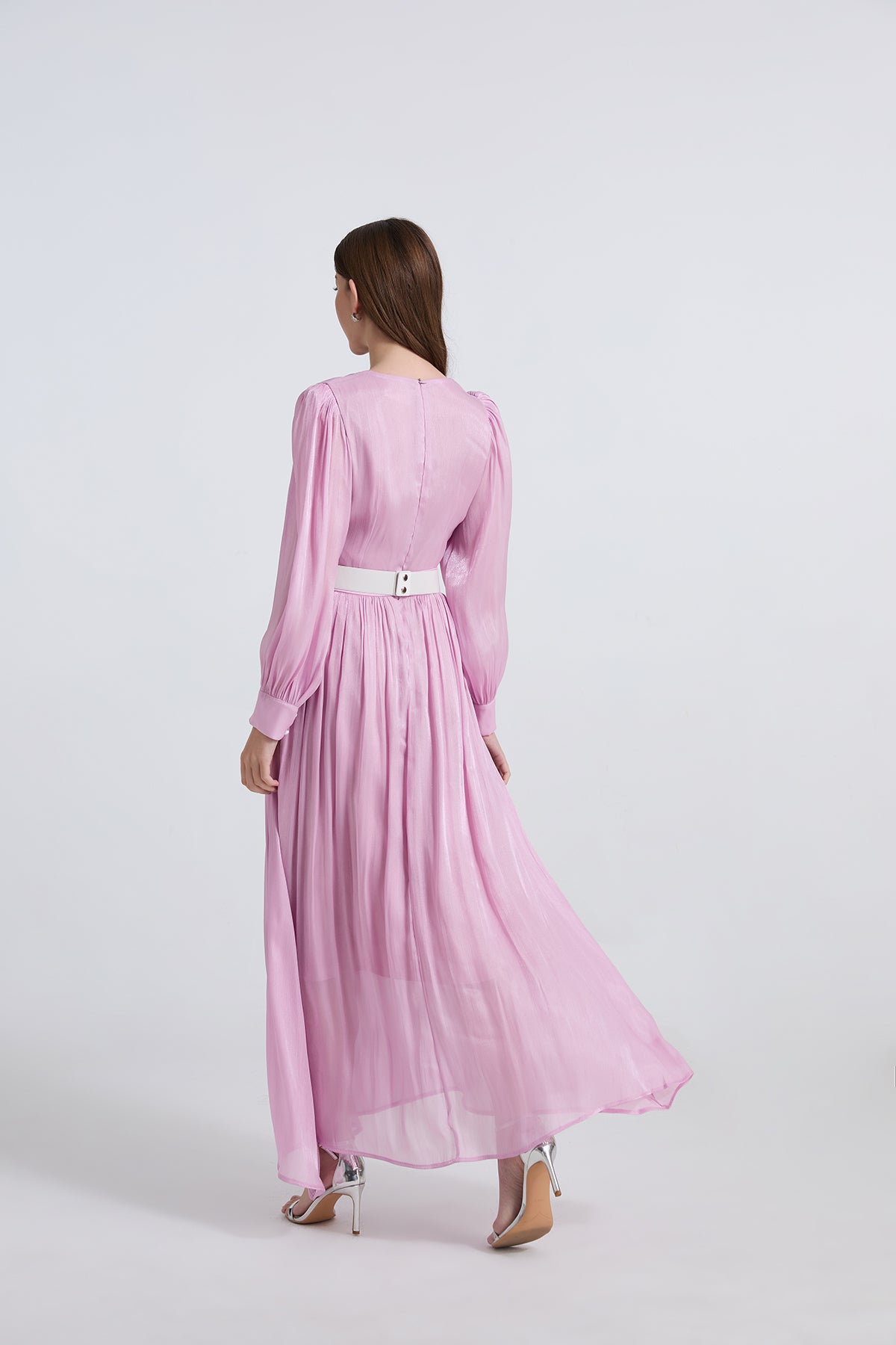 Elegant Long Sleeve Diamond Belt Pleated Waist Dress