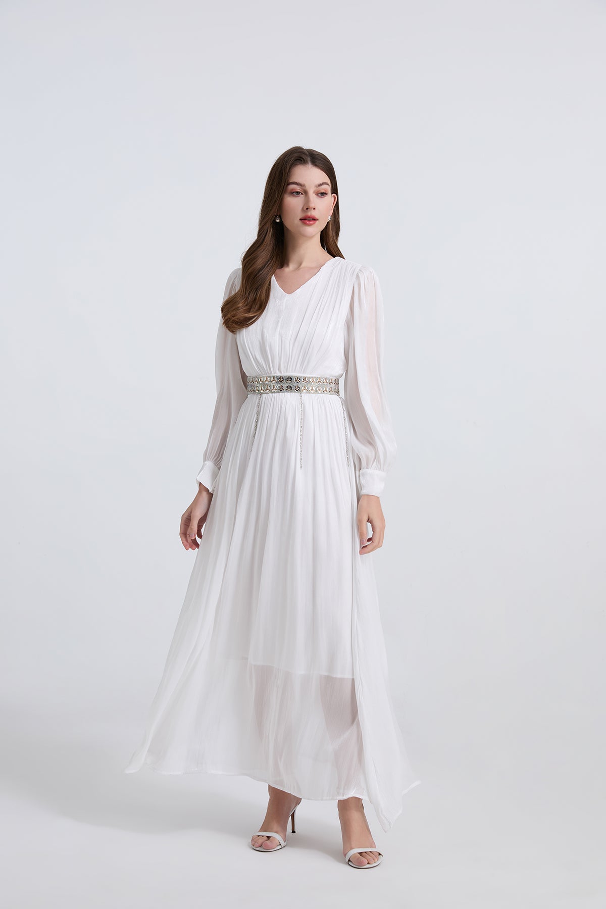 Elegant Long Sleeve Diamond Belt Pleated Waist Dress