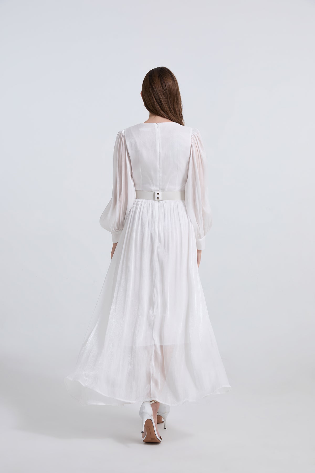 Elegant Long Sleeve Diamond Belt Pleated Waist Dress