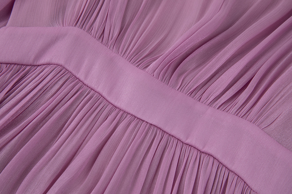 Elegant Long Sleeve Diamond Belt Pleated Waist Dress
