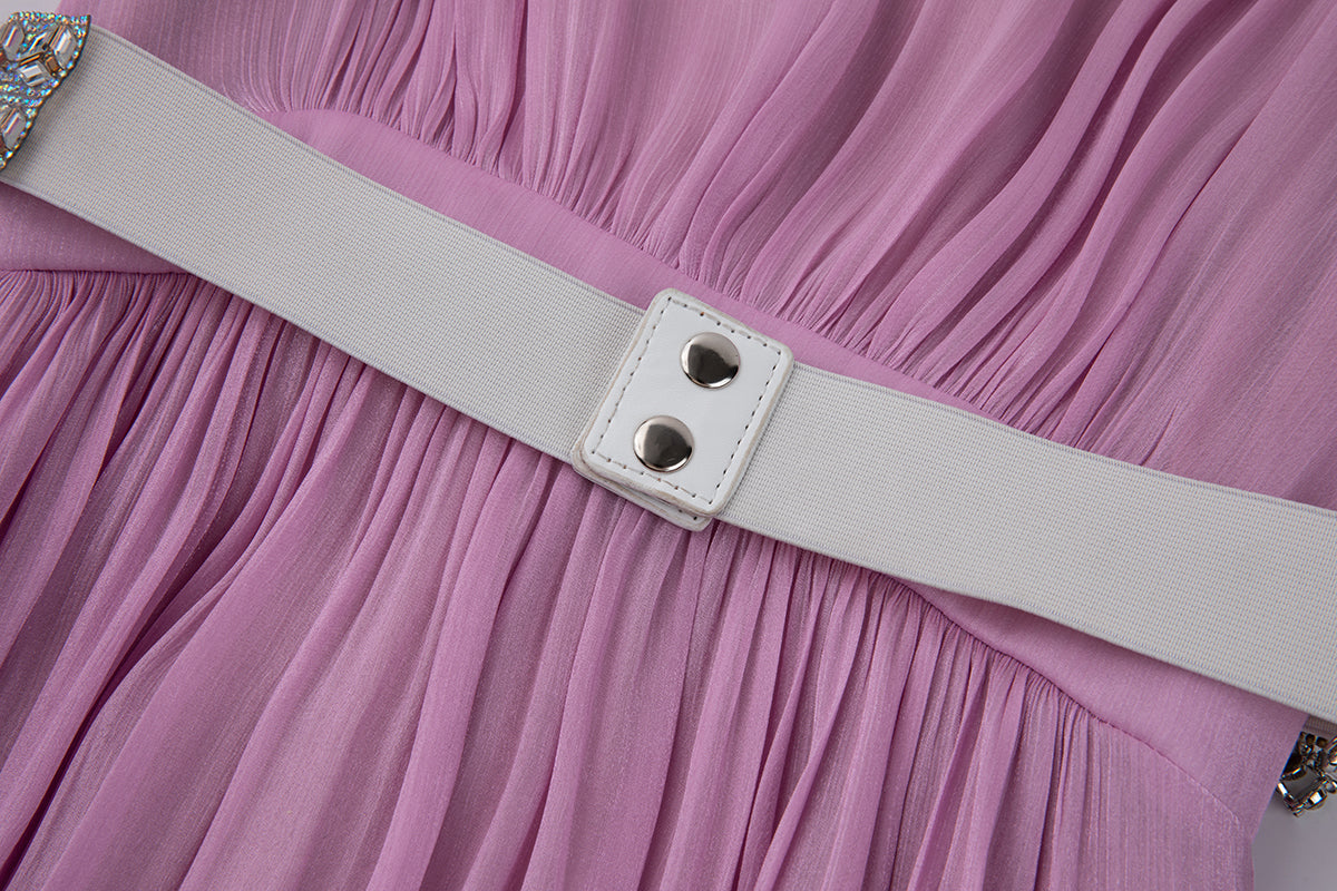 Elegant Long Sleeve Diamond Belt Pleated Waist Dress