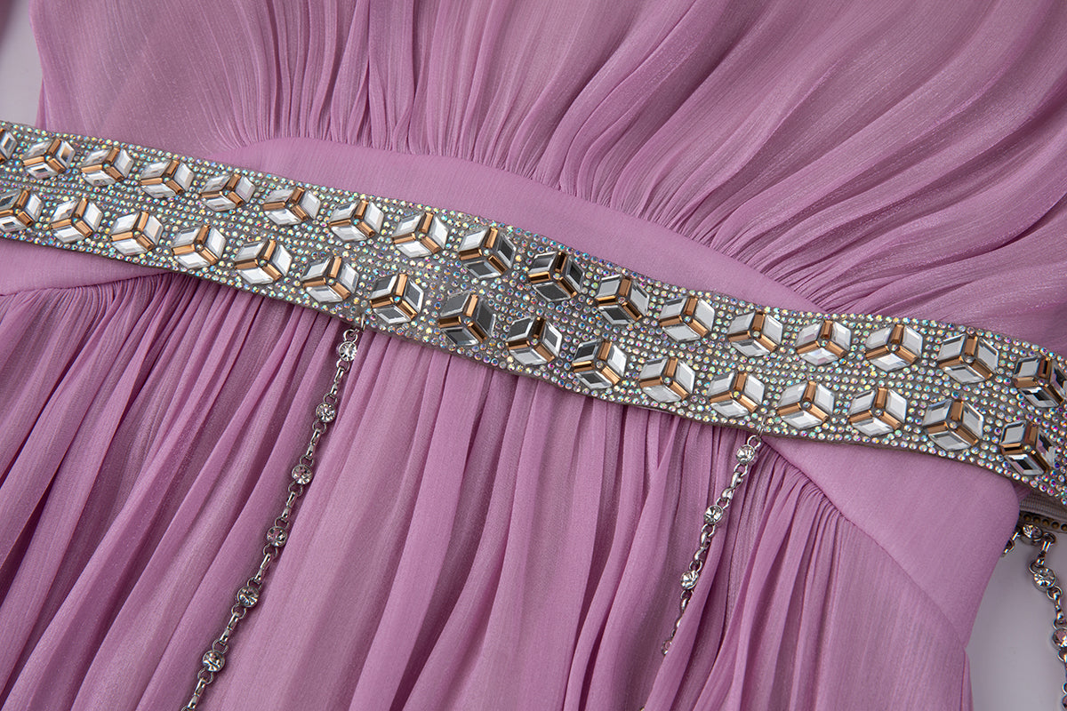 Elegant Long Sleeve Diamond Belt Pleated Waist Dress in - by Malbusaat