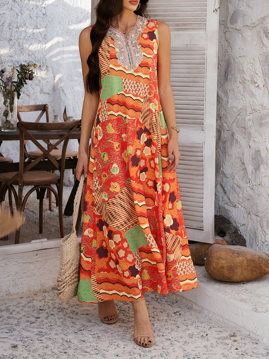 Printed Contrast Color Sleeveless Maxi in - by Malbusaat