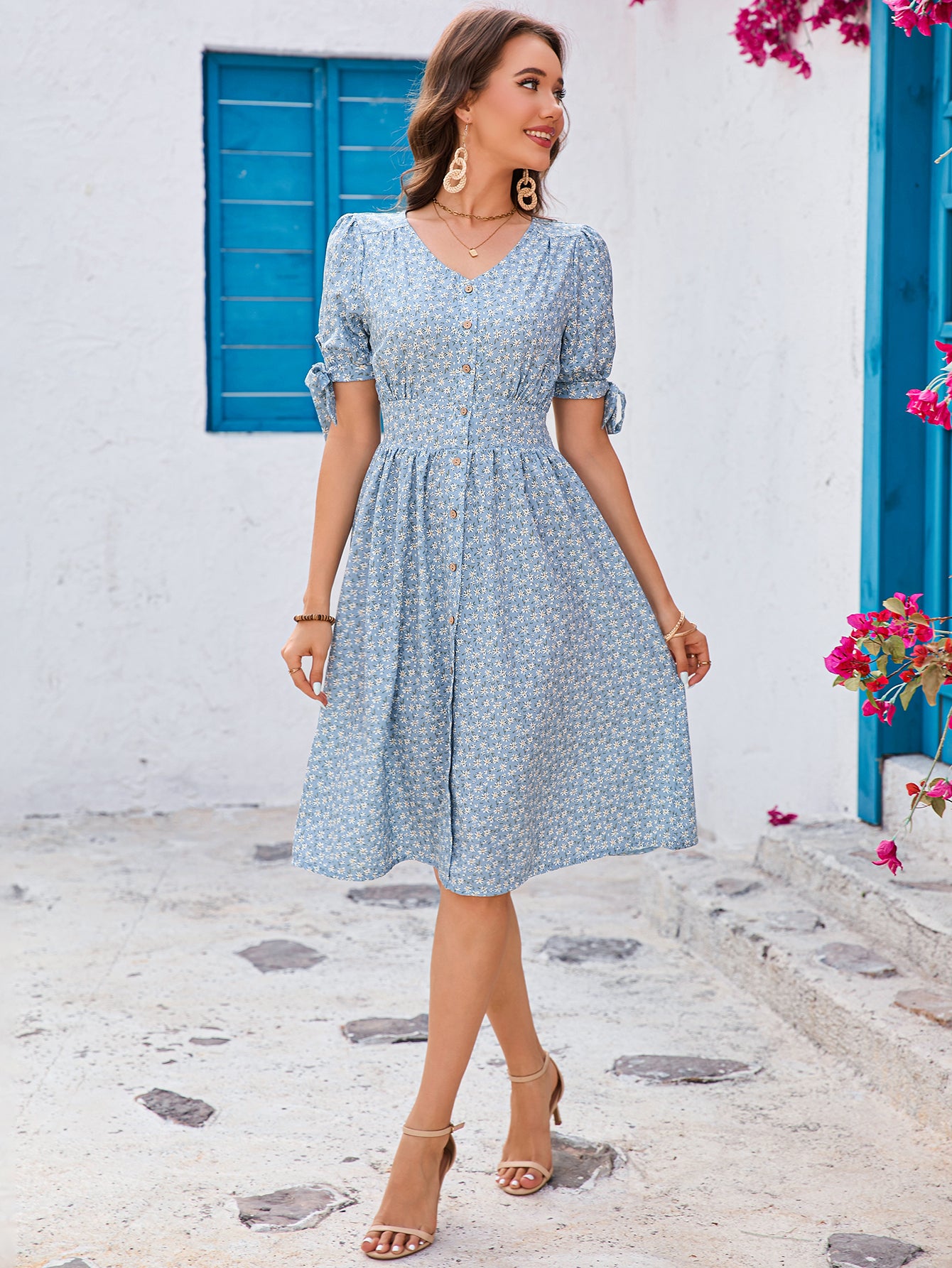 Floral V-neck Puff Sleeve Summer Dress in - by Malbusaat