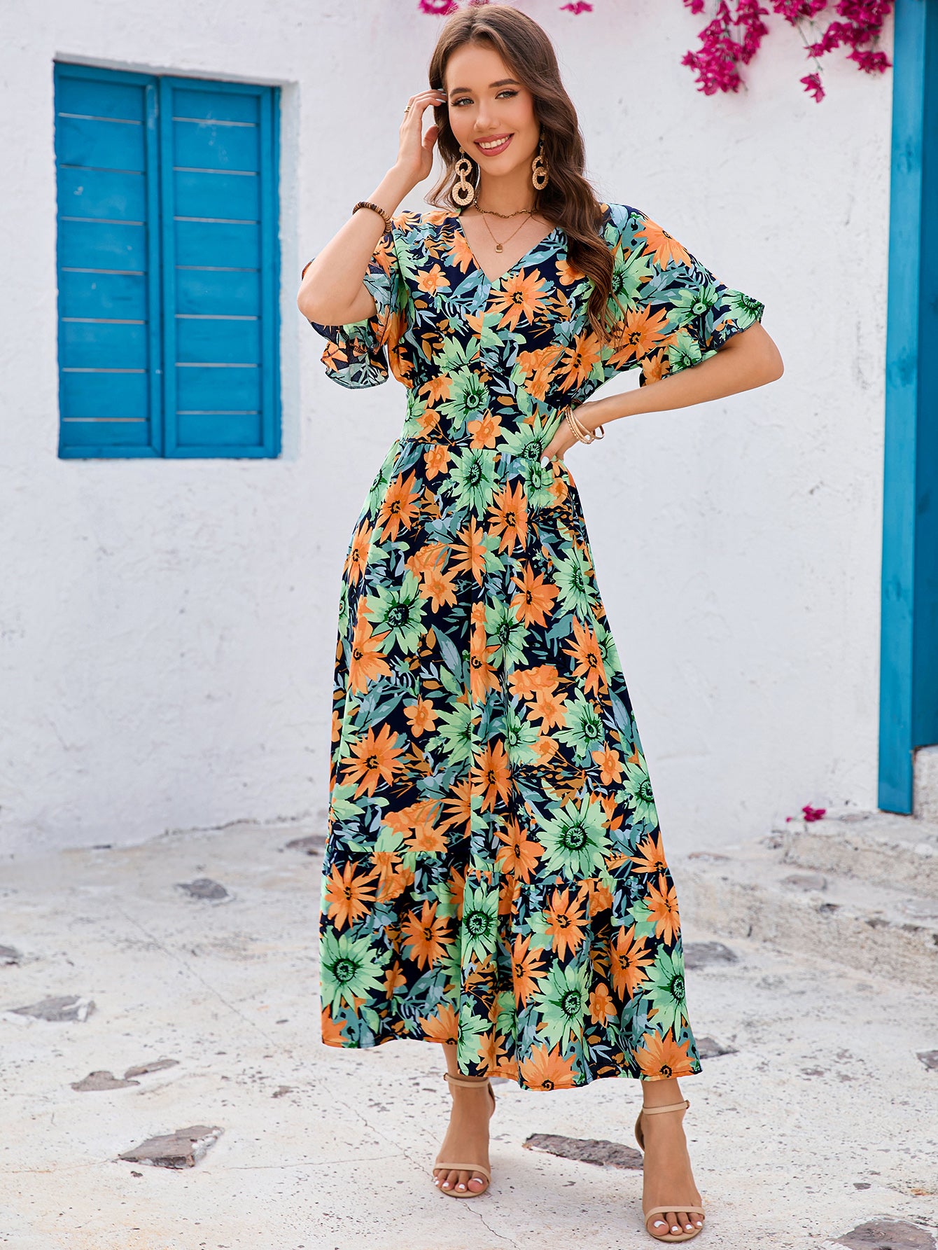Bohemian Ruffled Batwing Sleeve Maxi in - by Malbusaat