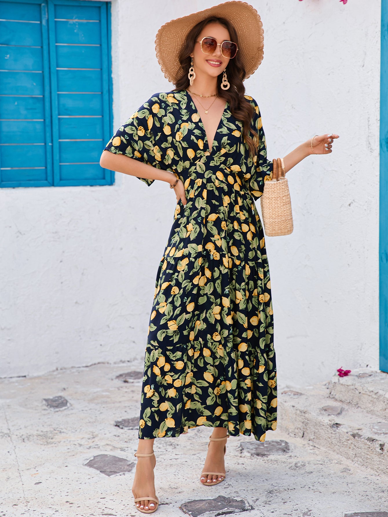 Printed Bat Sleeve Deep V Layered Maxi in - by Malbusaat