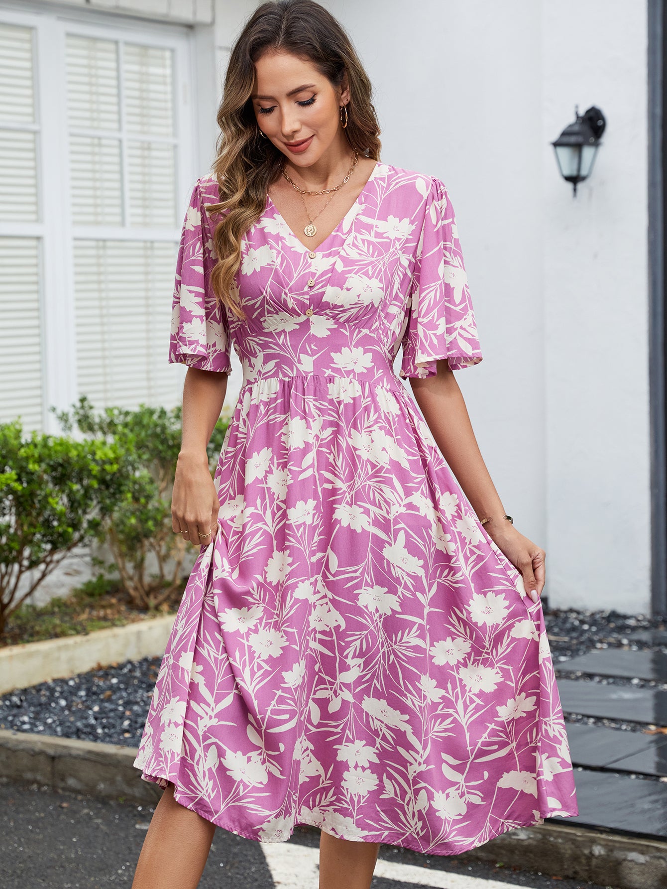 Printed V-Neck Bohemian Midi Dress in - by Malbusaat