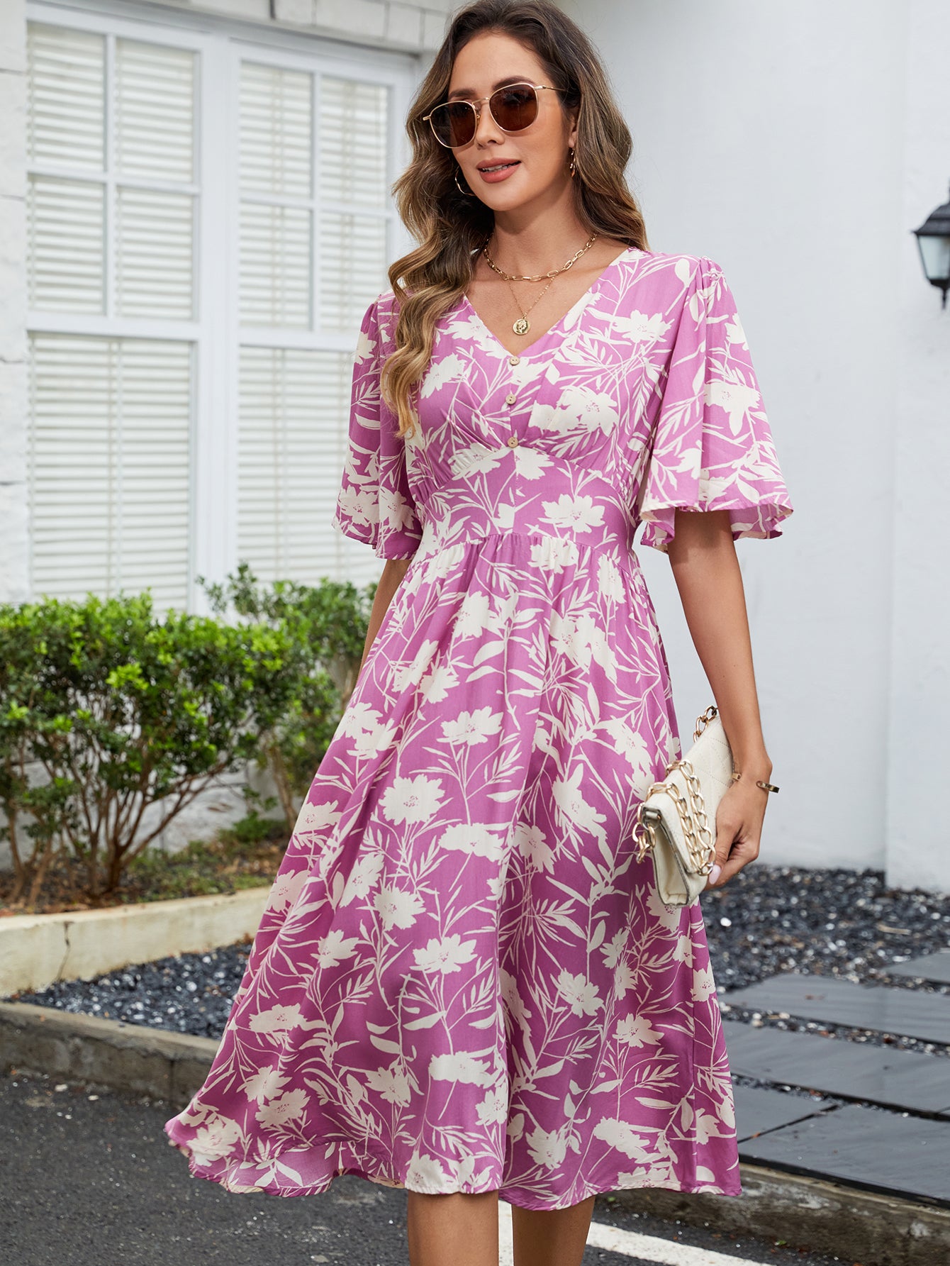 Printed V-Neck Bohemian Midi Dress