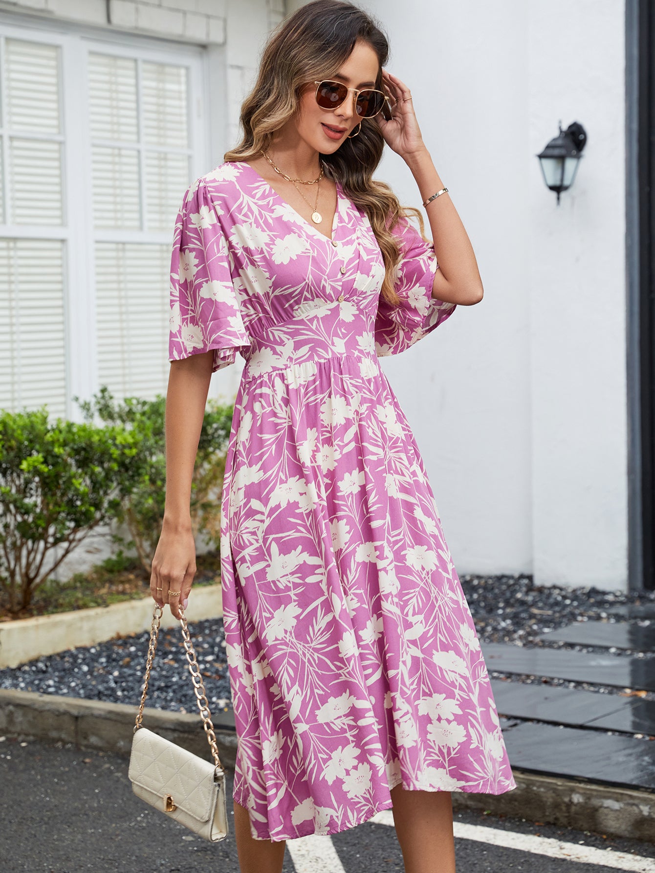 Printed V-Neck Bohemian Midi Dress