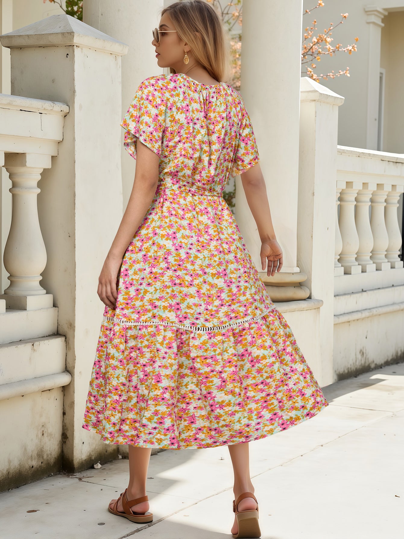 Printed Hollow Lace Patchwork Ruffle Midi Dress