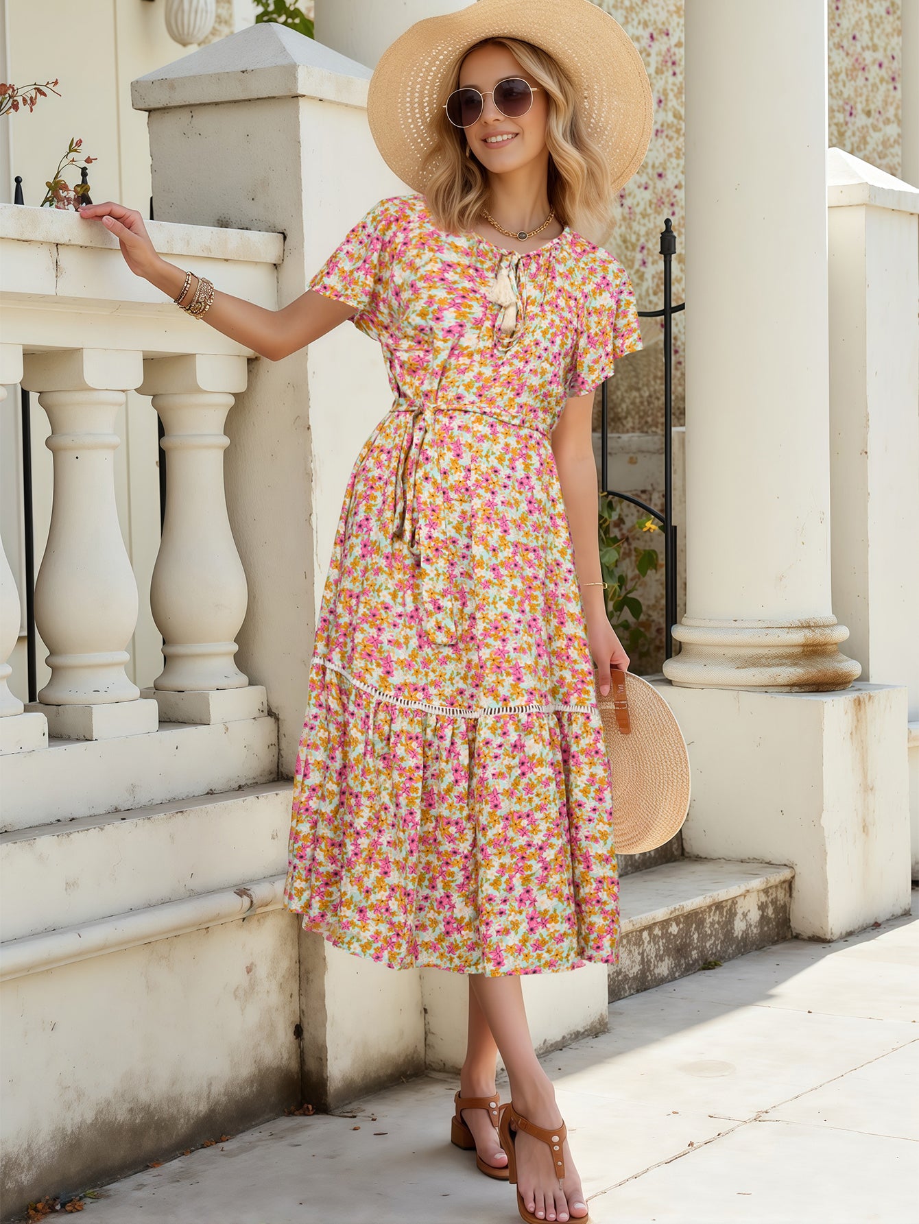 Printed Hollow Lace Patchwork Ruffle Midi Dress in - by Malbusaat