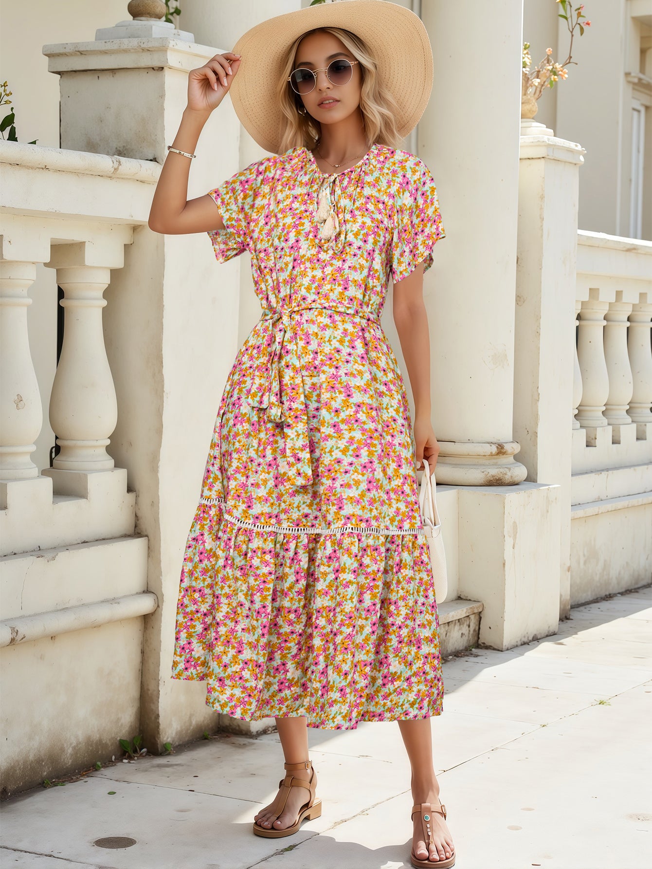 Printed Hollow Lace Patchwork Ruffle Midi Dress in - by Malbusaat
