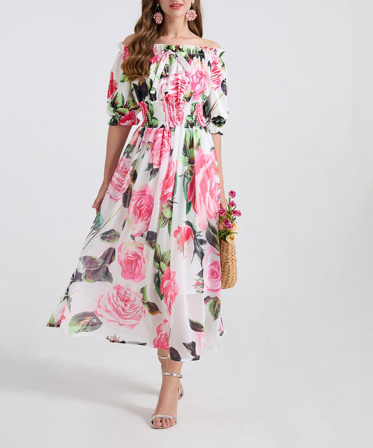 One Shoulder Floral Midi Dress in - by Malbusaat