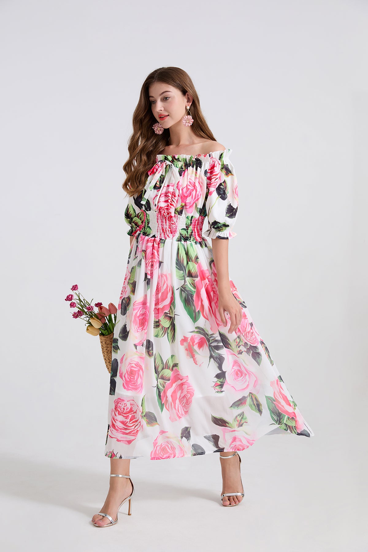 One Shoulder Floral Midi Dress in - by Malbusaat