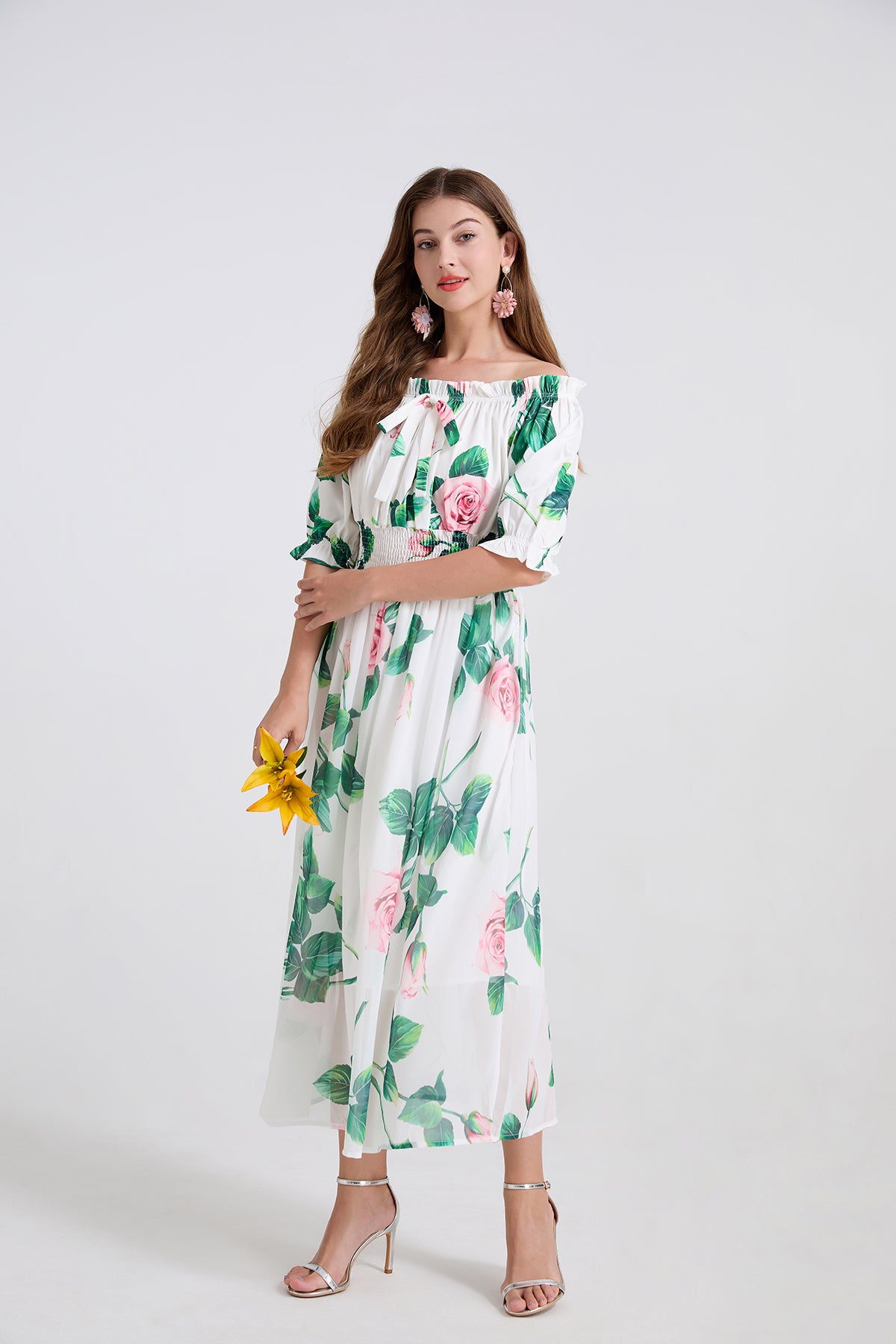 One Shoulder Floral Midi Dress in White - by Malbusaat