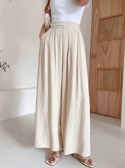 Beige High Rise Straight Leg Trousers in - by Malbusaat